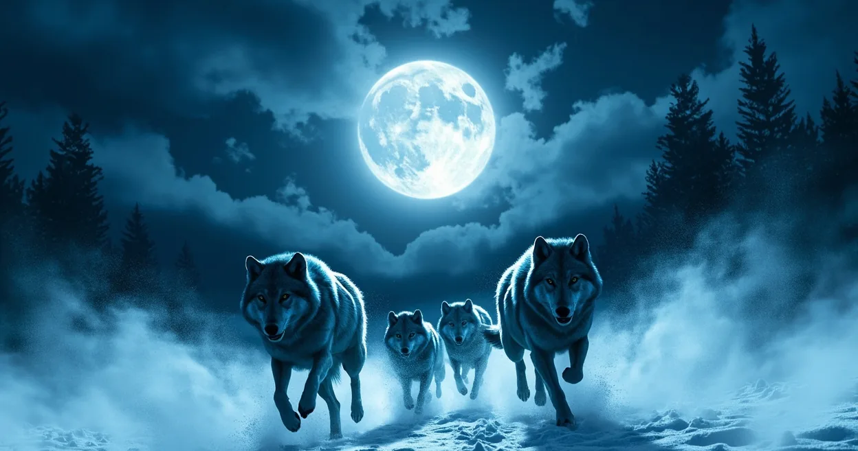 Wolves moving together across a snowy landscape